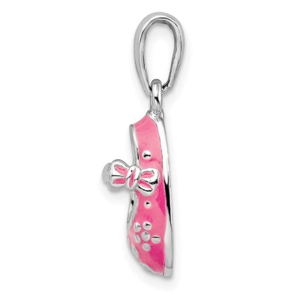 Sterling Silver Polished 3D Pink Enameled w/ Flowers Baby Shoe Charm Pendant - Picture 5 of 7